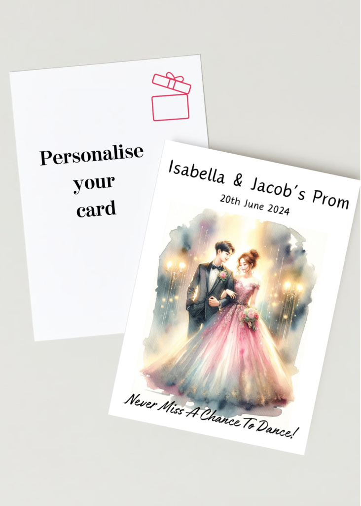 Romantic Watercolour Prom Couple Cards: Personalised Elegance for Your Special Night!