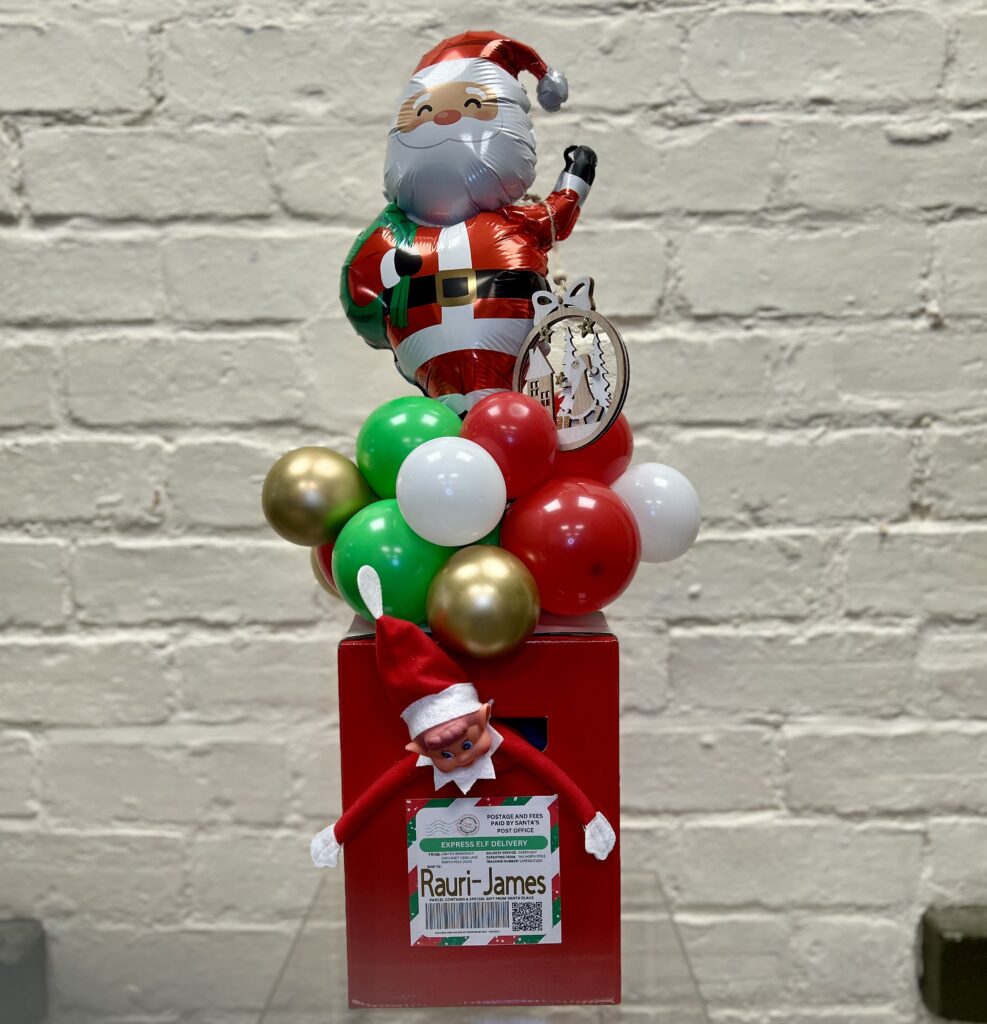 Elf Special Delivery Box Balloon – Personalised with Santa Topper